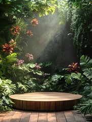 Serene Tropical Oasis with Wooden Stage Surrounded by Lush Greenery