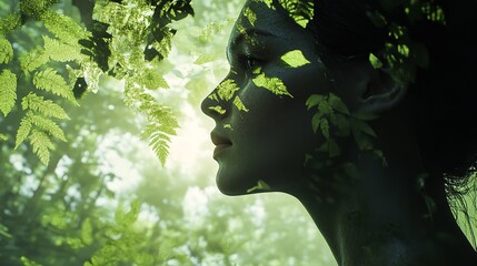 Side Profile of a Person's Head and Shoulders Blurred Against a Serene, Sunlit Forest Background, Celebrating Earth Day