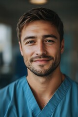 Fototapeta premium Portrait of a Friendly Young Male Healthcare Professional in Scrubs Smiling Confidently