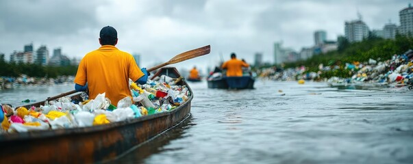 Obraz premium Plastic pollution idea. Fishermen navigate a polluted river, surrounded by plastic waste and urban scenery.