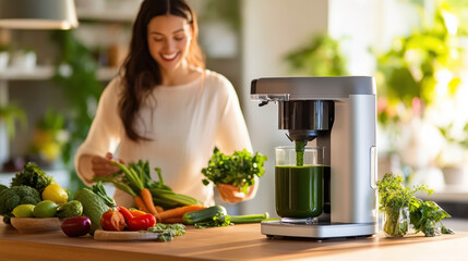 Fresh green juice is being extracted into jar by woman in bright kitchen filled with fresh vegetables. scene conveys healthy lifestyle and vibrant energy