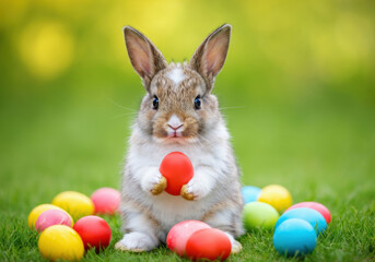 Fototapeta premium Adorable bunny with colorful easter eggs on green grass.