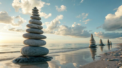 Obraz premium Balanced stones create serene scene by beach at sunset