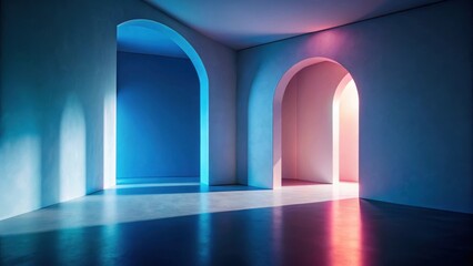 Arched passageways bathed in vibrant neon light, showcasing a minimalist interior design with contrasting cool and warm tones reflecting on a polished floor.
