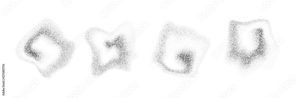 Aufkleber Fluid dotted gradient drop shapes. Grainy spray spots and stains. Black stippled liquid object set. Noise splashes and splatters forms. Dissolving sand dust texture. Vector fading halfton elements