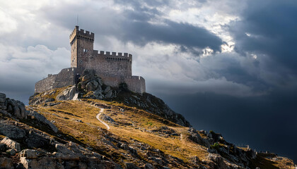 Fototapeta premium fortress atop mountain peak symbolizes power against stormy sky