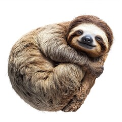 Naklejka premium Adorable Sloth Resting Peacefully on a Branch with a Gentle Smile on a White Background