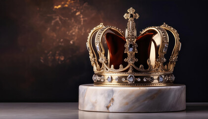 majestic crown resting on marble pedestal symbolizes power and luxury