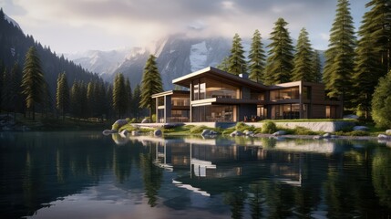 Fototapeta premium lake house with mountains