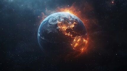 Fototapeta premium Burning Earth, space, cosmic fire, apocalypse concept