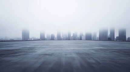 A vast car plaza with a skyline framed by morning fog. Featuring calm and discovery