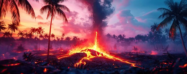 Asteroid impact concept. Majestic volcano erupting amidst vibrant sunset and tropical palm trees.