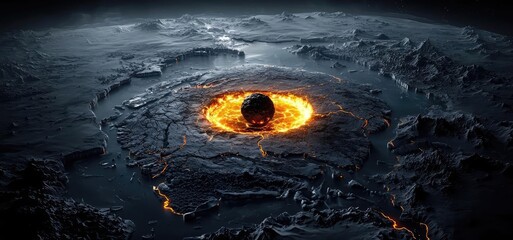 Asteroid impact concept. A mesmerizing view of a volcanic landscape with glowing lava and rocky terrain.