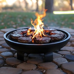 Delicious Burgers Sizzling on a Grill with Bright Flames Outdoors in a Backyard Setting