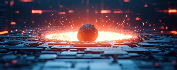 Asteroid impact idea. Futuristic sphere surrounded by glowing energy and digital circuitry elements.
