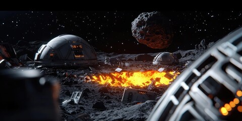 Asteroid impact idea. A futuristic scene depicting a moon base with volcanic activity and asteroids in space.
