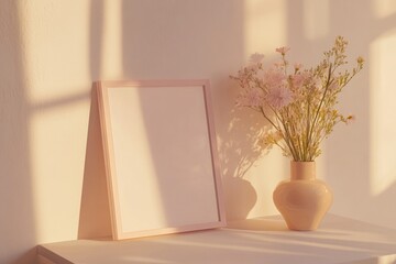Pink frame mockup, flowers, sunlight, interior, spring
