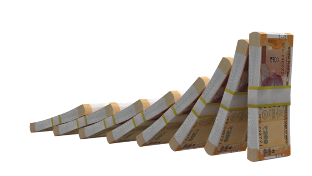 Stacks Indian rupee bills falling in domino effect