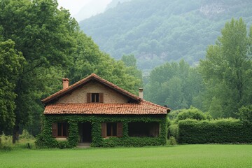 Ivy-covered house in a verdant valley, red tile roof. Perfect for illustrating tranquility, nature, rural life, or home concepts.