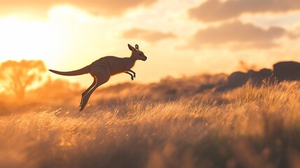 A kangaroo leaps through a golden sunset field a powerful and beautiful sight in the Australian outback