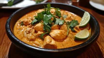 A beautifully plated Massaman curry with chicken, garnished with fresh cilantro and lime wedges