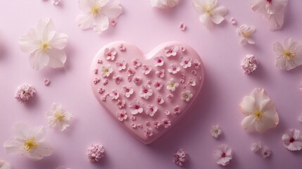Fototapeta premium Pink heart adorned with cherry blossoms on pink background, Valentine's Day card