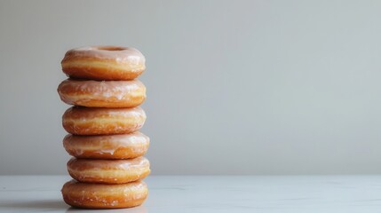 Stack of six glazed donuts on table. Perfect for food blogs, articles, or bakery websites.