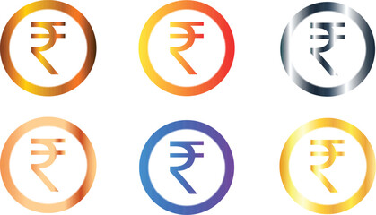 Set of six Indian rupee sign icons logos with golden orange silver and blue colors