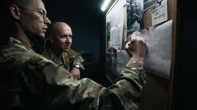 Side view of two servicemen in camouflage uniform planning military mission details on noticeboard in command center