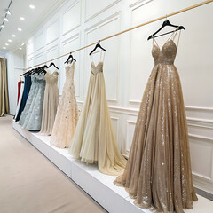 A row of elegant evening dresses with shimmering fabric hanging in a brightly lit boutique 