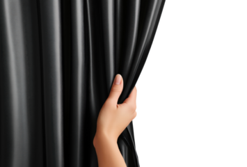 Closeup of a woman hand opening black curtain isolated on transparent background