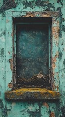 Naklejka premium Abandoned Window Frame with Weathered Paint and Moss Covered Ledge Evoking Decay and Mystery
