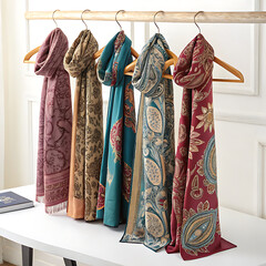 A row of patterned scarves in soft, luxurious fabrics hanging on wooden hangers