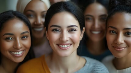 Fototapeta premium Diverse Group of Women Smiling Together Radiating Joy and Unity in a Warm and Friendly Setting