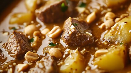 A close-up shot of Massaman curry showcasing tender beef chunks, soft potatoes