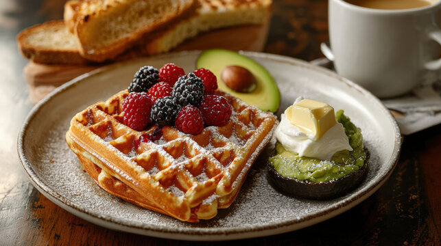 Delicious rustic breakfast featuring golden waffles topped with fresh berries, avocado, and whipped cream, served with toast and coffee - Powered by Adobe