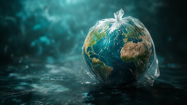 Earth Wrapped in Plastic Bag, Highlighting Environmental Issues and Celebrating Earth Day