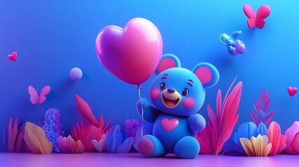 Cute blue teddy bear holding heart balloon in vibrant floral scene.