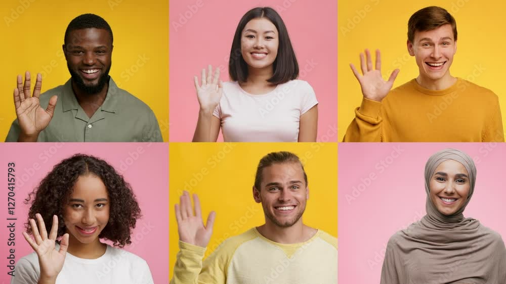 Poster a joyful group of six multiracial individuals wave hello with positive expressions. each person show