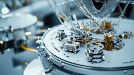 Satellite assembly in a high-security facility. Featuring specialists ensuring structural integrity