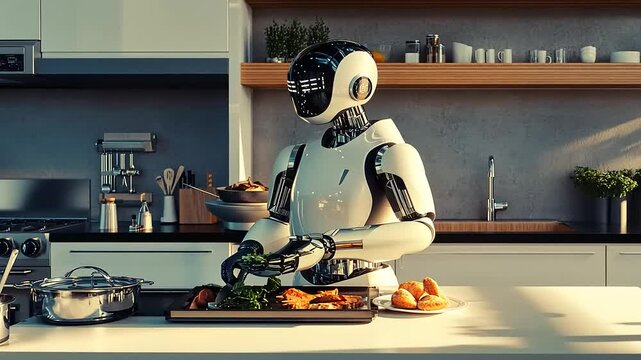 A robot chef prepares a meal in a modern kitchen, showcasing culinary technology.