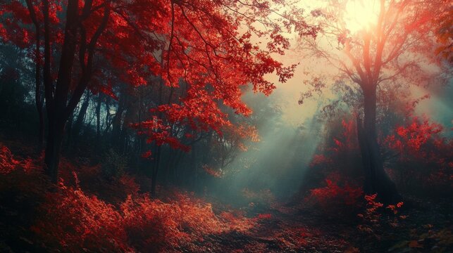 Mystic forest with red trees in the fog at sunrise