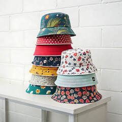 A stack of trendy bucket hats in various prints and patterns organized on a display
