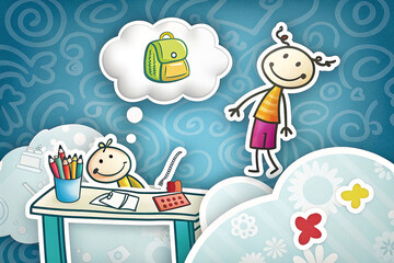 Fototapeta premium Child dreaming of school backpack at desk; abstract background