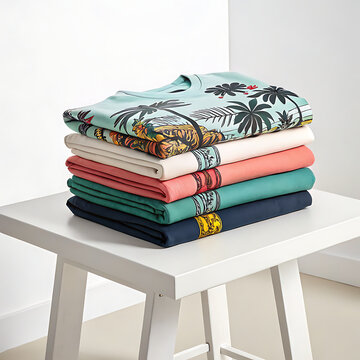 A stack of trendy graphic t-shirts folded neatly on a minimalistic white display table