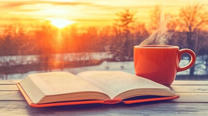 Naklejka premium Winter sunrise, hot drink, open book, peaceful scene, relaxation