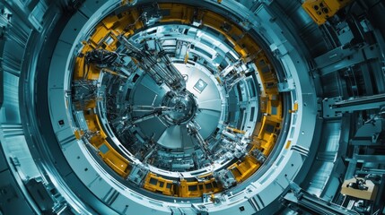 Satellite assembly in a high-tech aerospace facility. Featuring engineers assembling components for a space mission