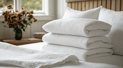 White bedding neatly stacked on bed, bedroom, autumn