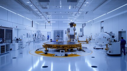 Satellite assembly in a high-tech aerospace facility. Featuring robotic arms and complex components