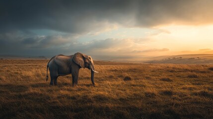 Naklejka premium An elephant wanders through the expansive golden grasslands as the sun sets, casting a warm glow over the serene African landscape. The sky is adorned with soft clouds, adding to the tranquility